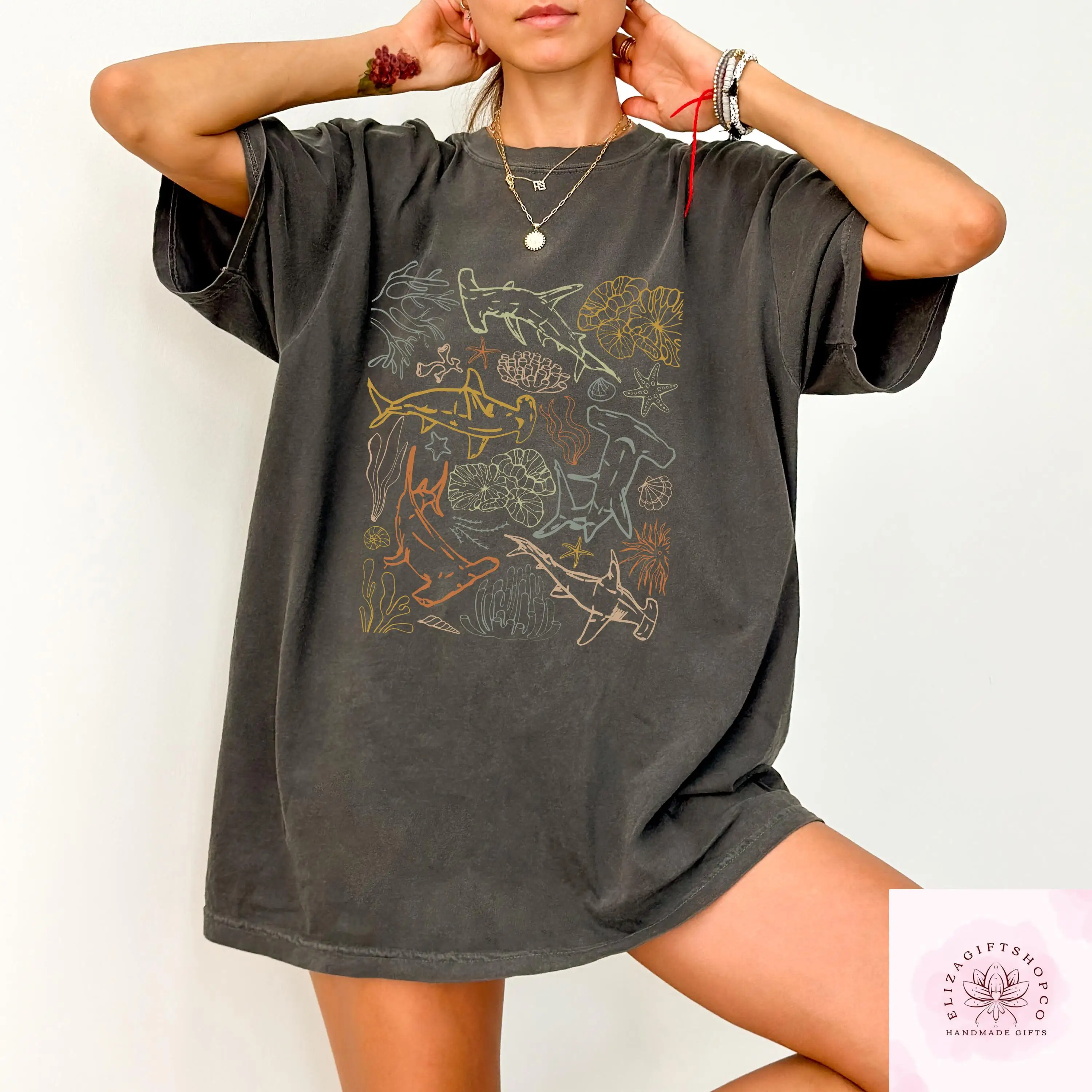 2026 Sommer Damen Shark Boho Grafik T-Shirt aus Baumwolle, atmungsaktiv, Kurzarm, Streetwear, Oversized, Locker, Lässig