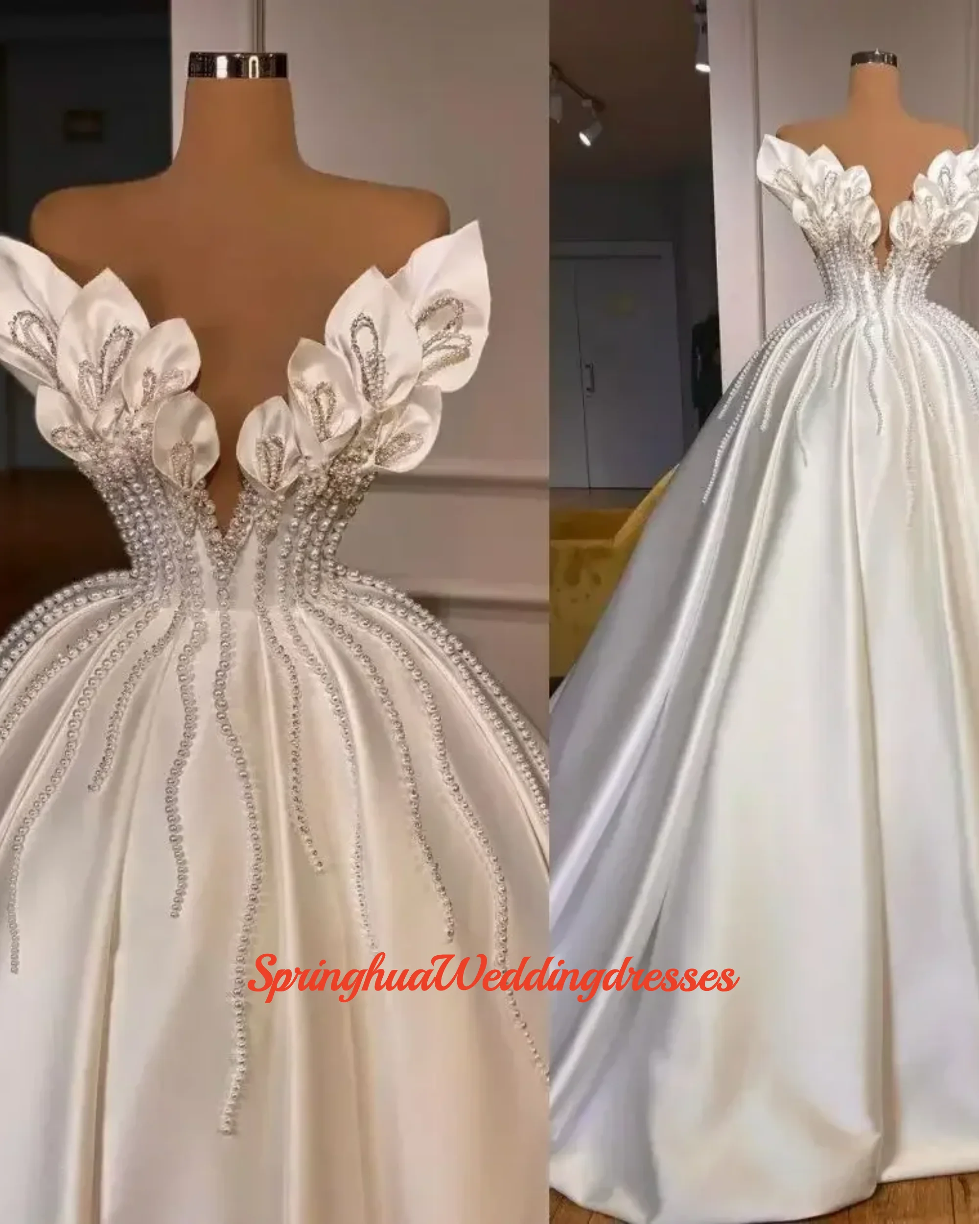 تخصيص الزهور الصناعية الخامس الرقبة الساتان مطوي فستان الزفاف Vestido De Casamento الأفريقي لامعة اللؤلؤ حجم كبير فستان زفاف