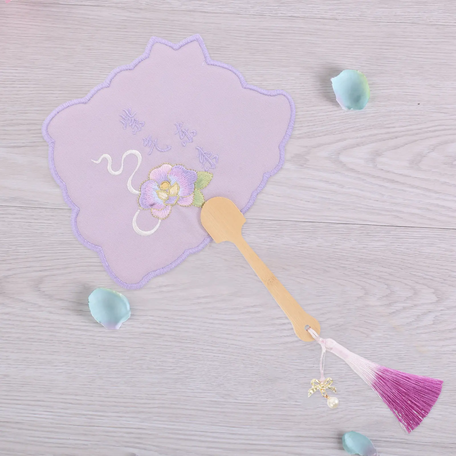 Butterfly Orchid Embroidered Hand Fan Floral Shaped Wooden Handle Lightweight for Weddings Dance Performances