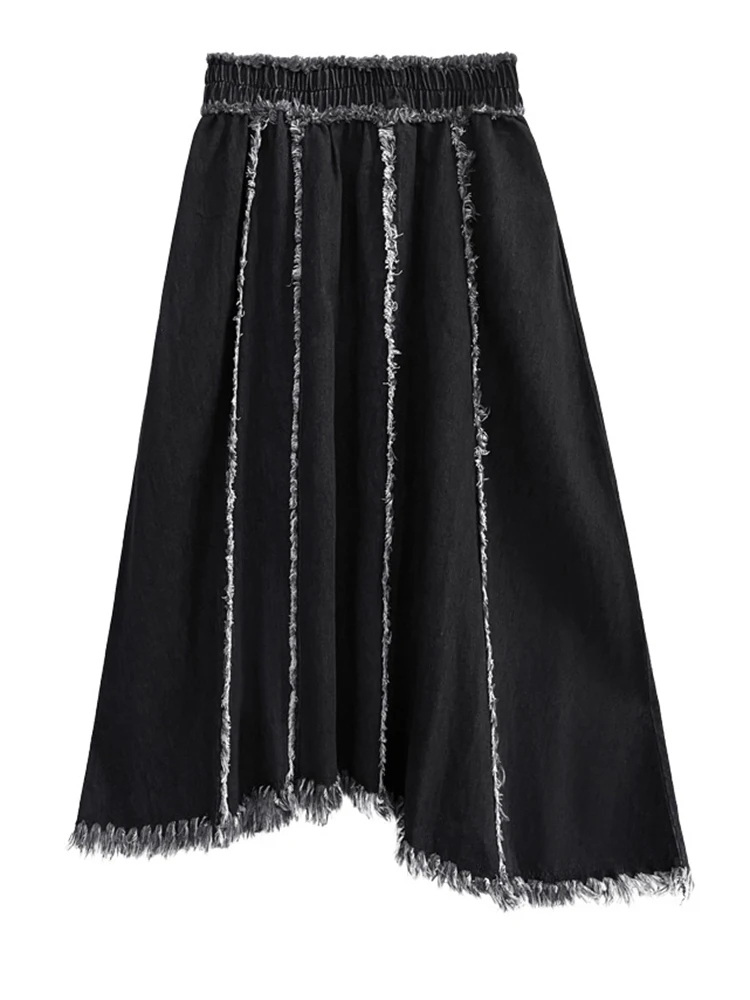 [EAM] High Elastic Waist Black Vintage Tassels Denim A-line Half-body Skirt Women Fashion Tide New Spring Autumn 2024 1DF6035