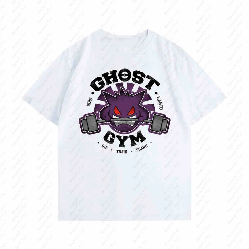 Pokemon Geng Ghost Weightlifting Fitness Enthusiasts Linkage Short-Sleeved Summer Men's And Women's Cotton Casusal T-Shirts