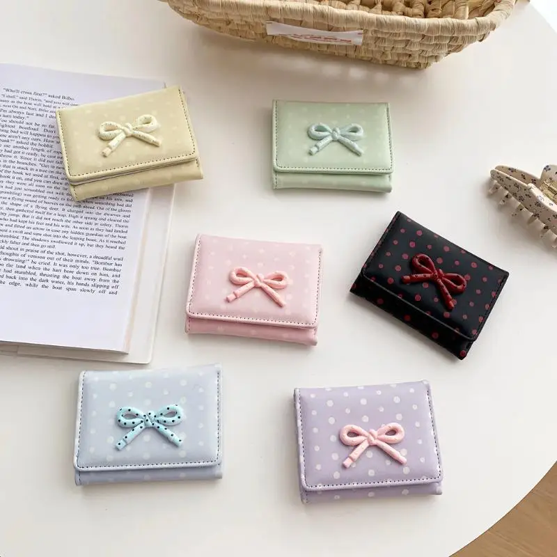 Three-Fold Women Wallet Sweet Bow Decor Fashionable Multifunctional Coin Purse with Multi Card Slots for Work Commute Travel