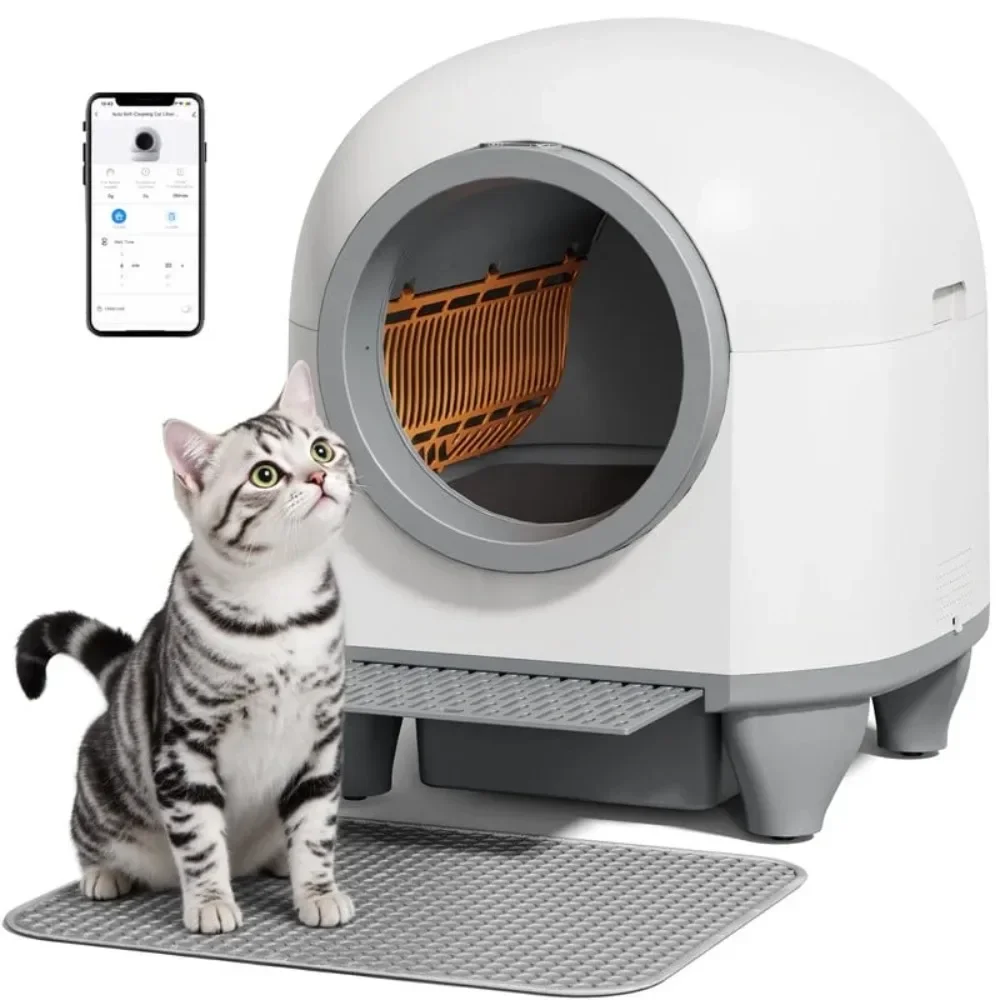 

Modern Automatic Cat Litter Box with Safety Protection and App Control, A Garbage Bag, Self Cleaning cat Litter Box with Mat