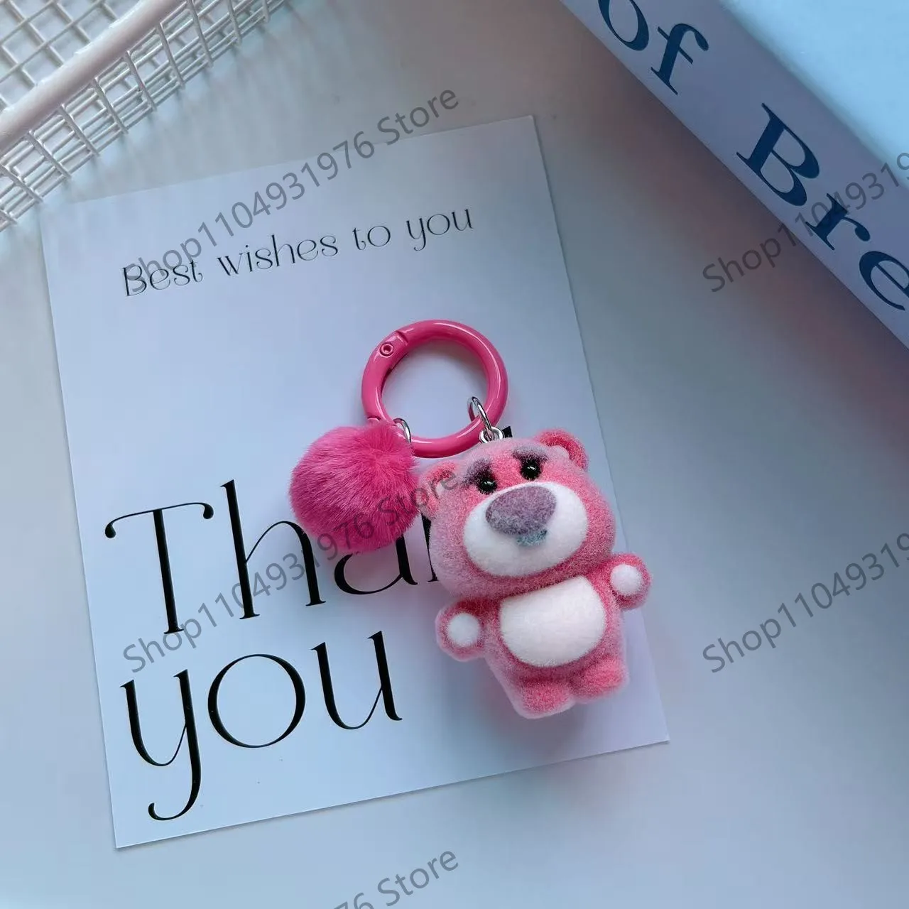 Disney Flocking Cute Pink Bear Keychain Ladies Bag Decoration  anime plush plush toys