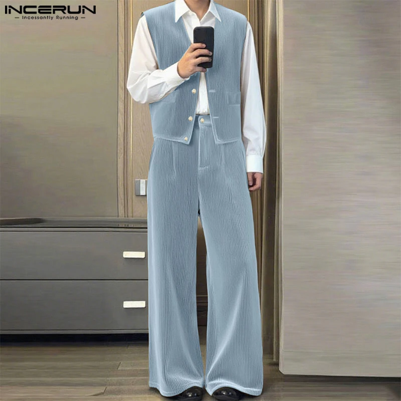 

INCERUN Men Sets Solid Color Corduroy V Neck Long Sleeve Vests & Pants Two Pieces Sets Streetwear 2025 Fashion Men Casual Suits
