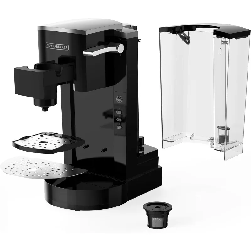 Coffee Maker: Large 50 oz water tank, compatible with a variety of ground coffees and K-Cups, adjustable tray for travel mugs