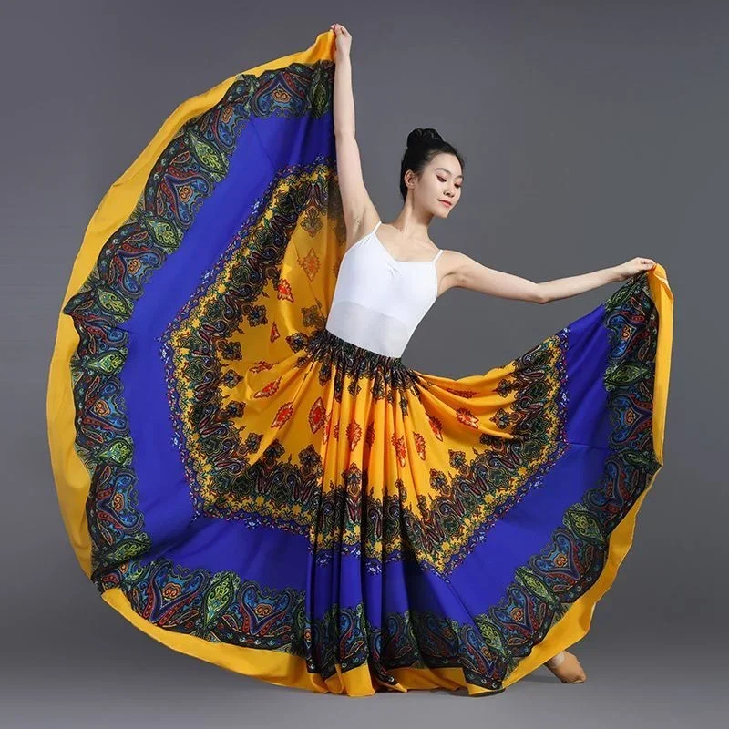 Gonne da ballo di flamenco toreo da donna da 180/720 gradi Gonna larga da performance stampata caratteristica di danza etnica classica