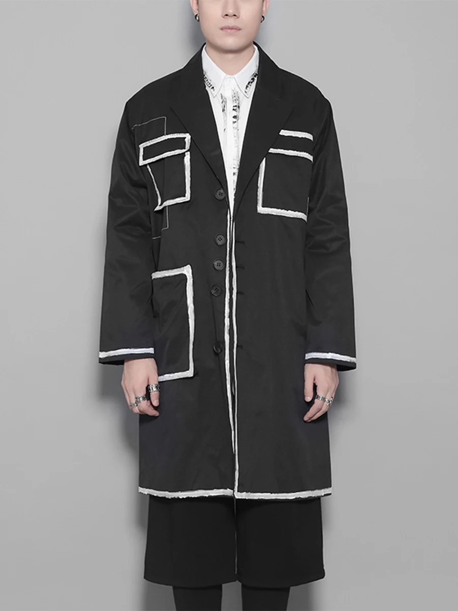 

Autumn New Graffiti Color Contrast Big Pocket Casual Coat men's Design Sense Trench Coat men's Medium Length