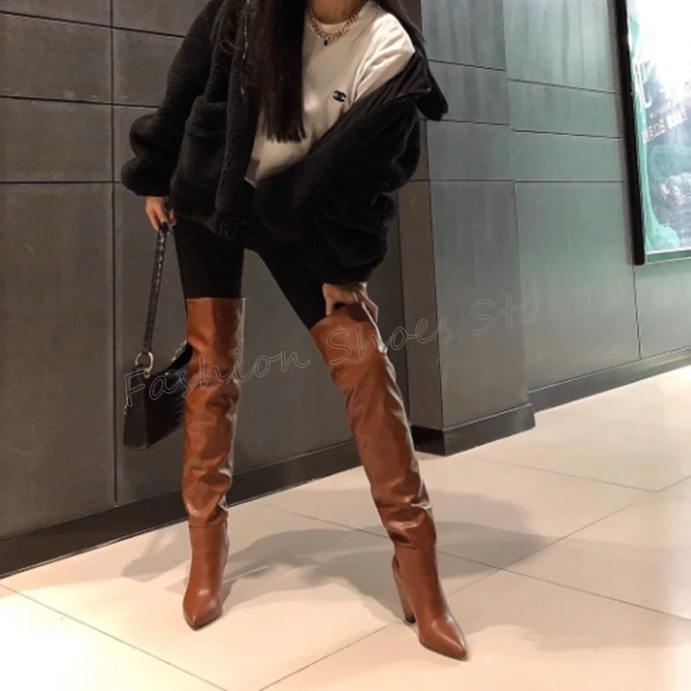 รองเท้าบูทหนังสีน้ำตาลปลายแหลม สไตล์แปลกตา ส้นสูง รองเท้าส้นสูงแฟชั่นสำหรับผู้หญิง รองเท้าส้นสูงปี 2025 ใหม่ Zapatos Para Mujere