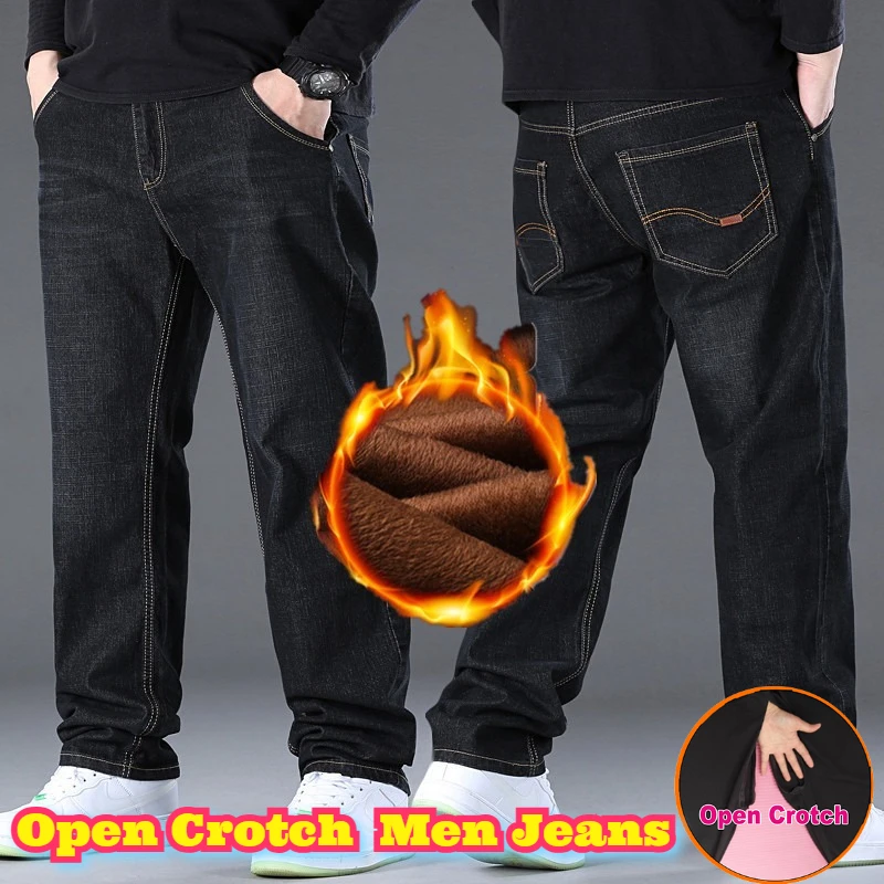مفتوح المنشعب الشتاء كبير الرجال الجينز صوف مبطن سميكة الدافئة مستقيم الساق تمتد الدينيم بانت مريحة عادية حجم كبير ملابس يومية
