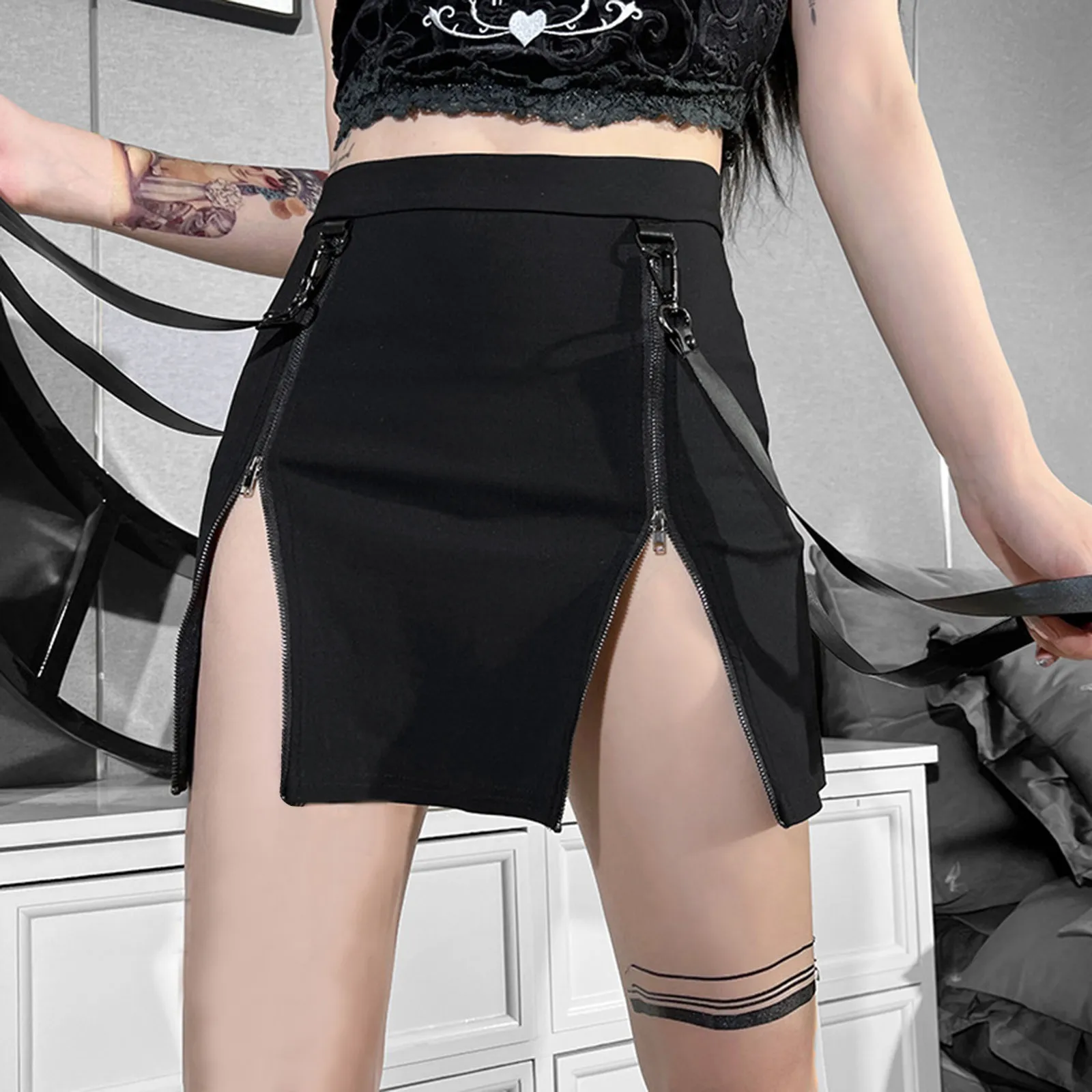 

Harajuku панк готические черные юбки женские милый стиль двойная молния с разрезом на бедрах дизайн мини-юбки женская уличная одежда Y2k панк юбки