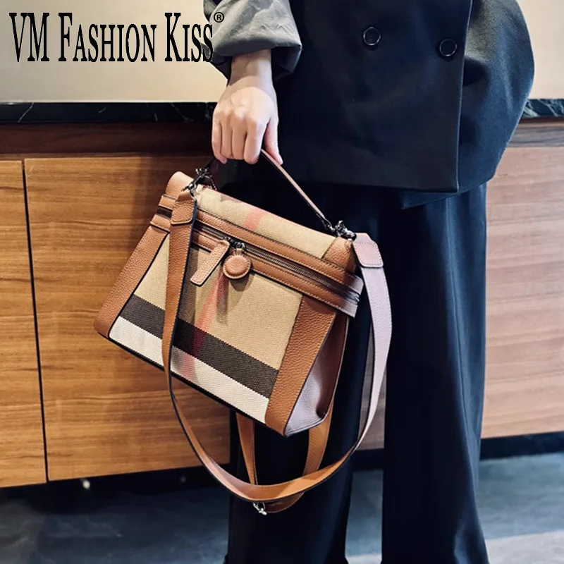 VM FASHION KISS Casual Lady Large Capacity Women Handbags Luxury Designer Bags Stripe Canvas+Genuine Leather Large Shoulder Bag