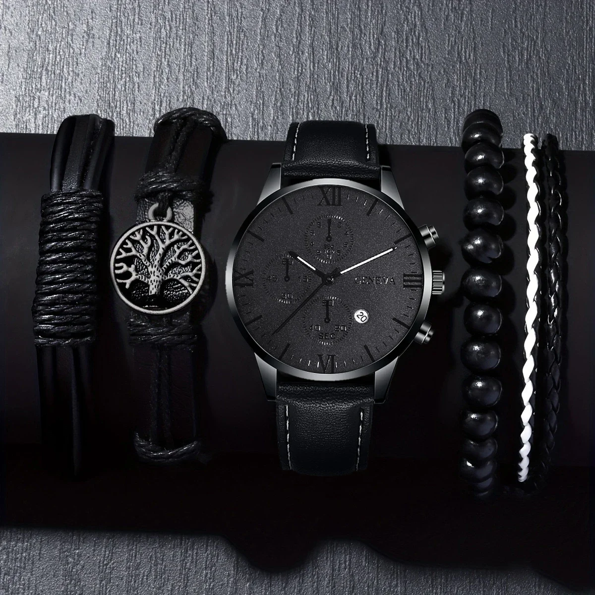 1pc men's casual fashion watch+4pc accessory set handsome dial+textured strap for daily matching, a good choice for gifts