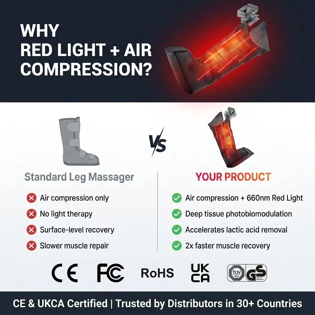 Cordless 510K Air Compression Leg Massager with Red Light LED Heat Recovery Boots for Circulation and Sports Relaxation