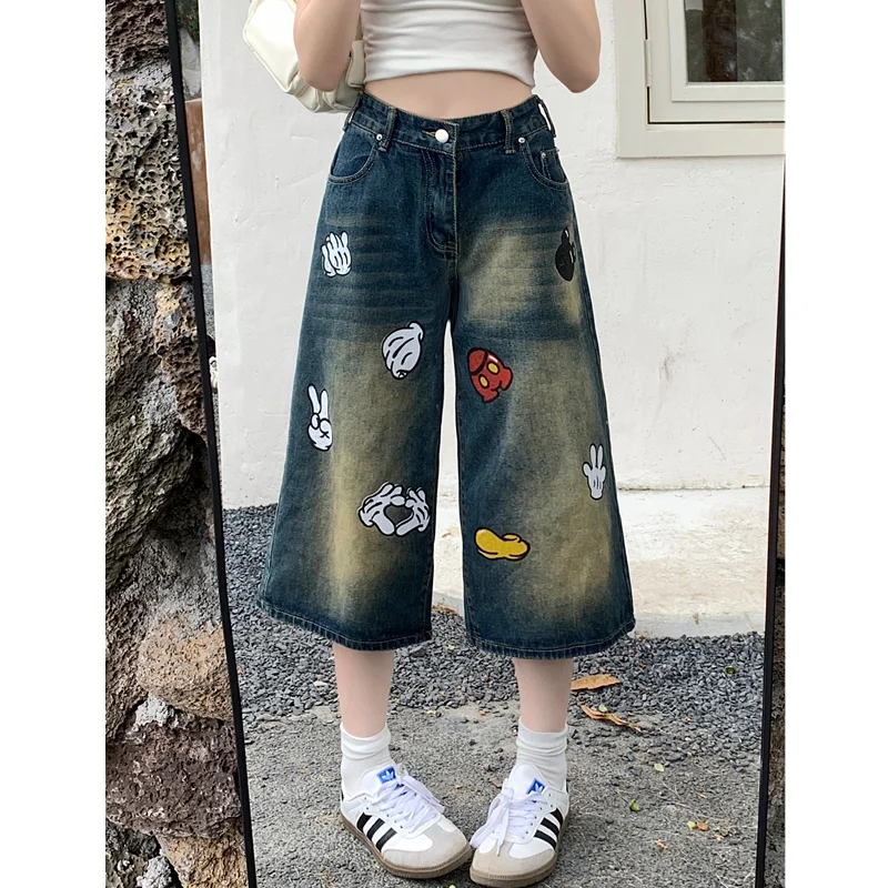 

Women's Shorts Jeans High Waist Straight Pants Streetwear Cartoon Harajuku Y2K Vintage Female Wide Leg Denim Calf-Length Pants