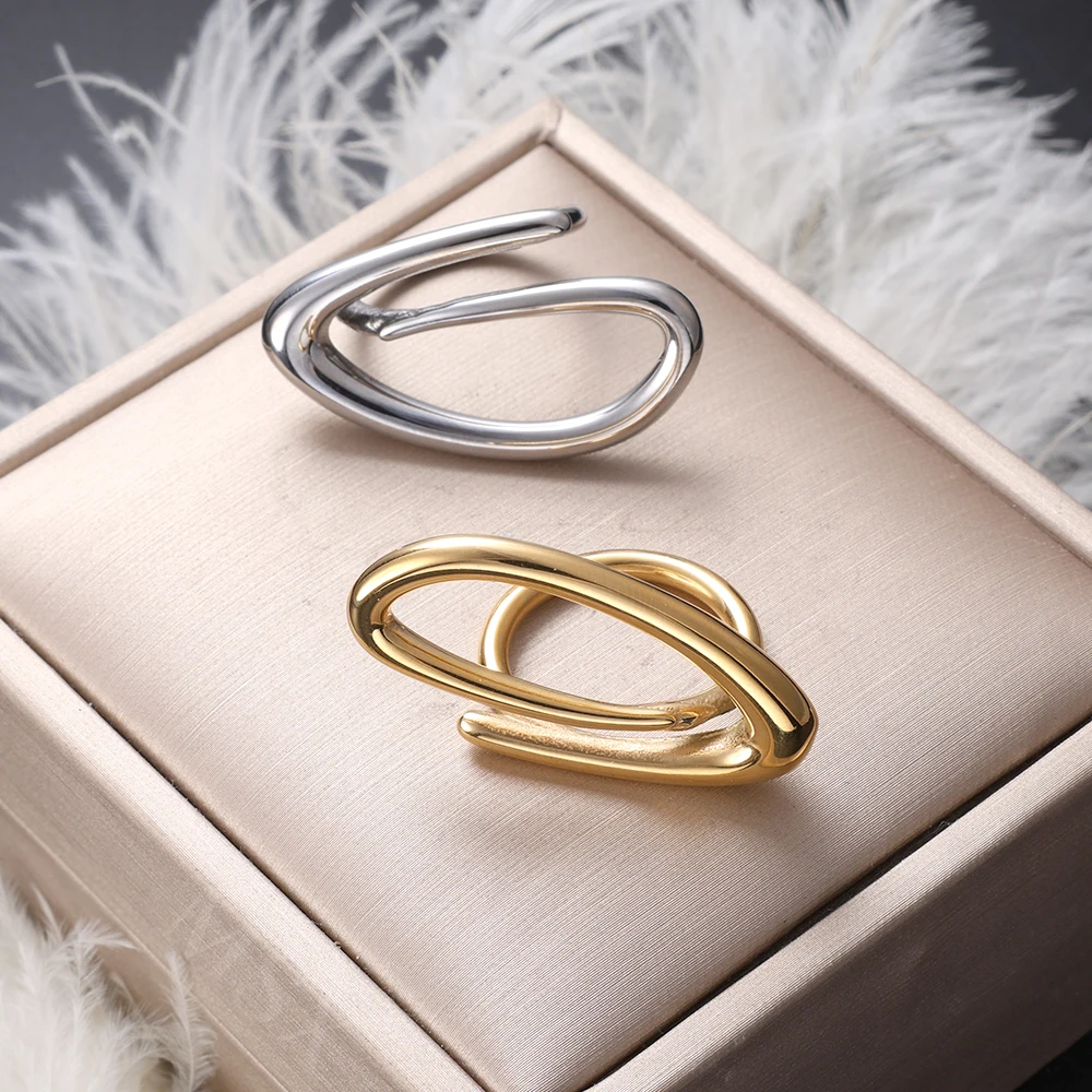 Artistic Aesthetic Linear Ring Female Gold-plated Titanium Steel Couple Open Adjustable Ring Stylish Large Ring Male Wholesale