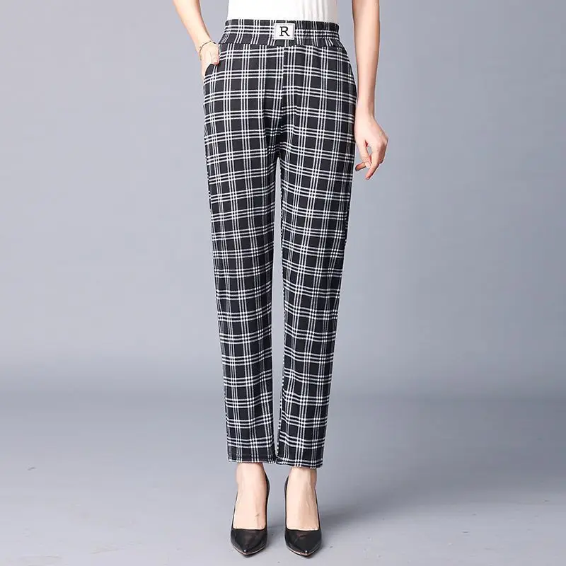 Mom Outfit Spring and Autumn New Stretch Straight-leg Pants Thin Commuter Plaid Pockets Splicing Leisure Versatile Cropped Pants