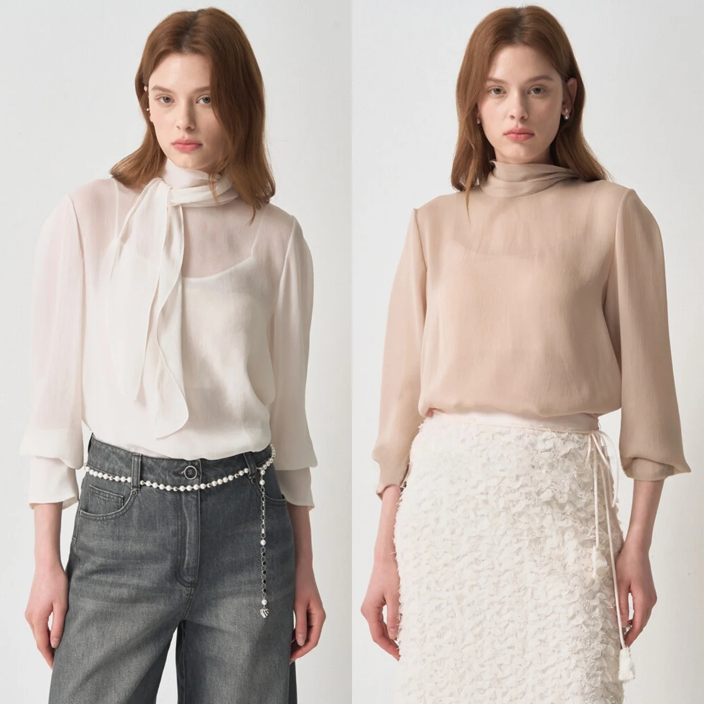 

Korean Style Sweet Versatile Commute Slimming Strapless Blouse Long Sleeve Button Detail Gathered Neckline Pure Color Shirt