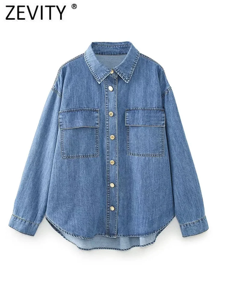 Zevity New Women Vintage Double Pockets Patch Loose Denim Smock Blouse Office Lady Chic Button Shirt Business Blusas Tops LS5418