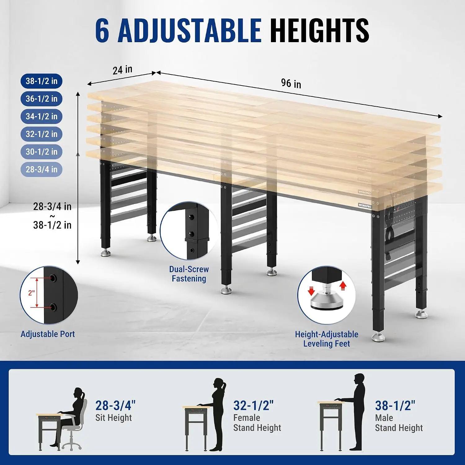 Adjustable 96 Inch Workbench Power Outlet Pegboard 4000 LBS Capacity