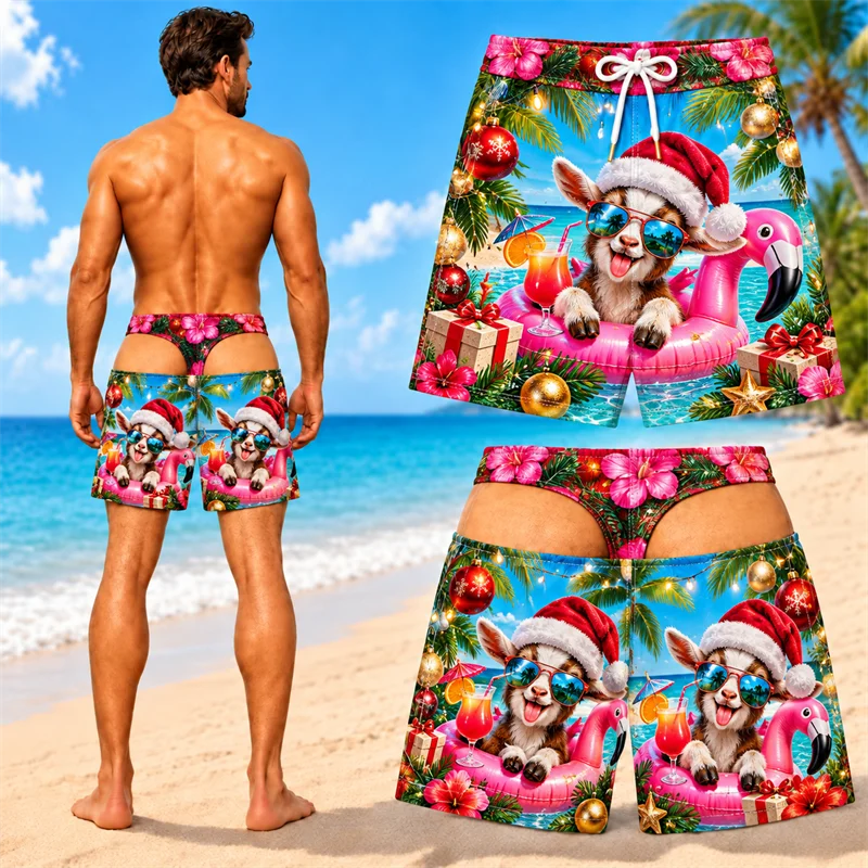 Holiday Goat Swim Trunks for Men Christmas 3D Print Beachwear Santa Tropical Boardshorts Quick Dry Drawstring Resort Party Trunk