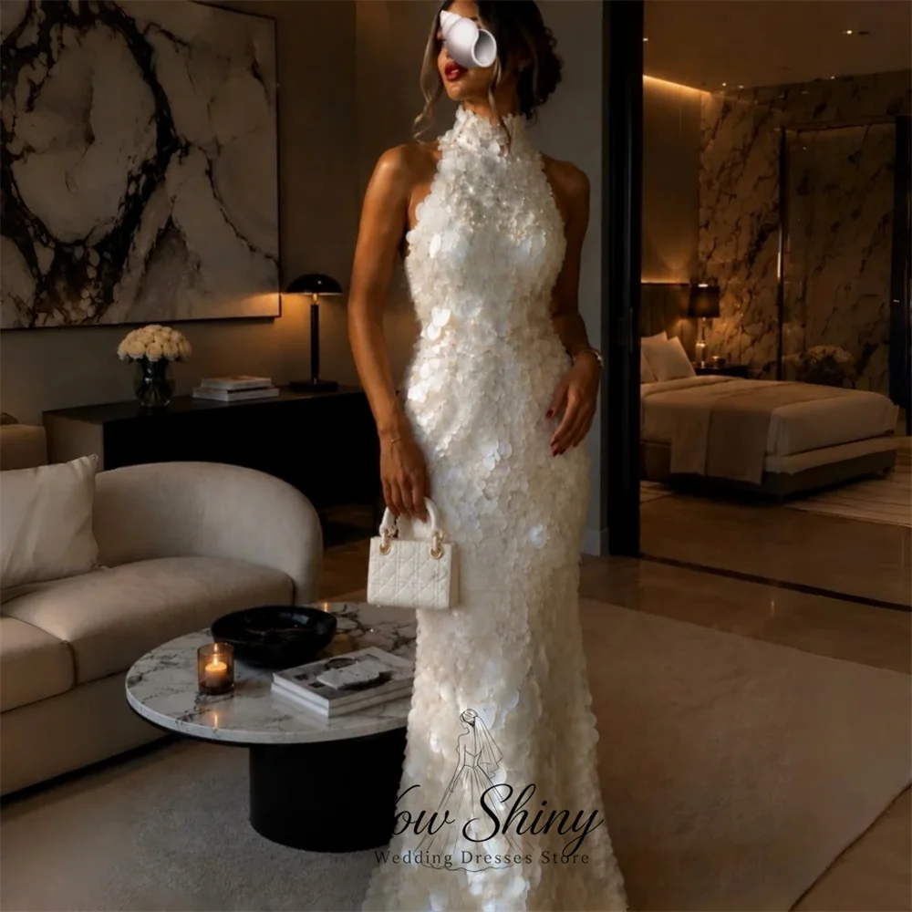 Vow Shiny Glamorous Ivory 3D Sequin Halter Evening Gown Dress Mermaid Sleeveless Party Dress Performance Gown Customized