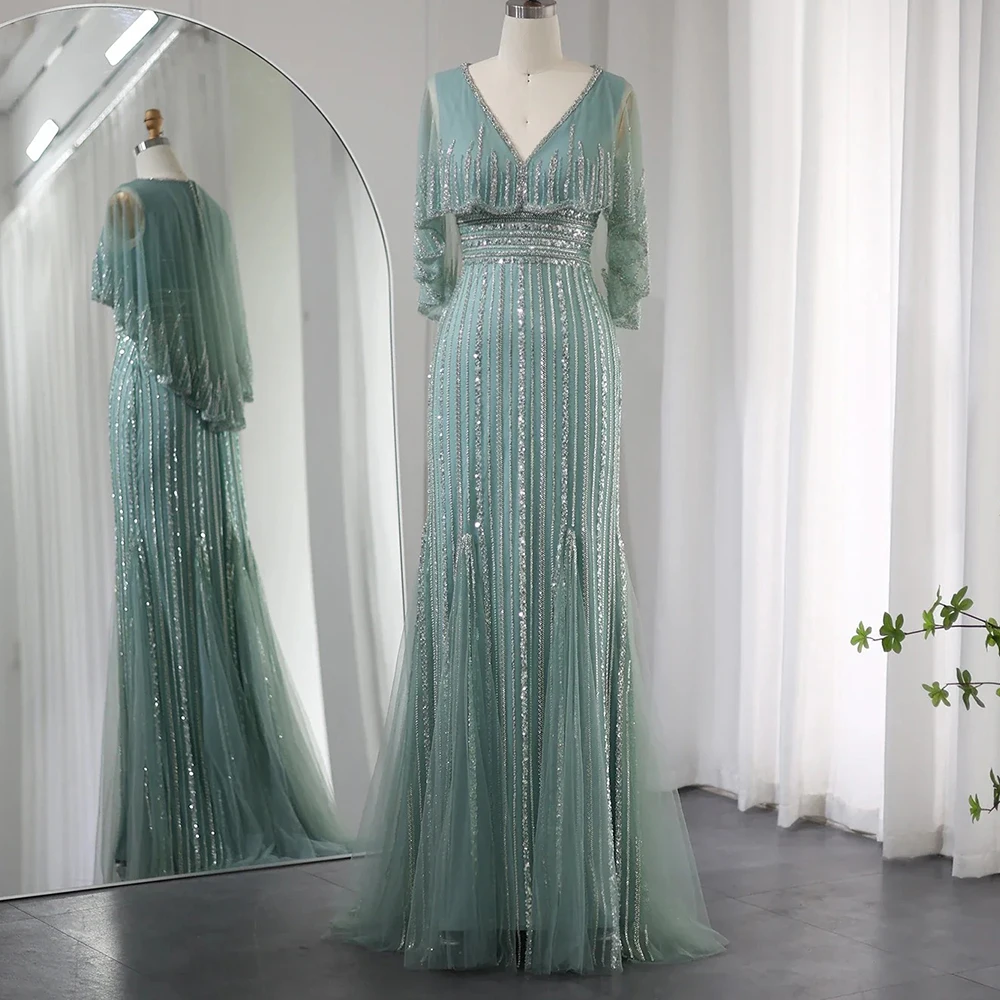 Flechazo Luxury Beading Evening Dress Classic Tulle Mermaid Floor Length V-Neck Cloak Sleeves Women Custom Made Colorful Gowns