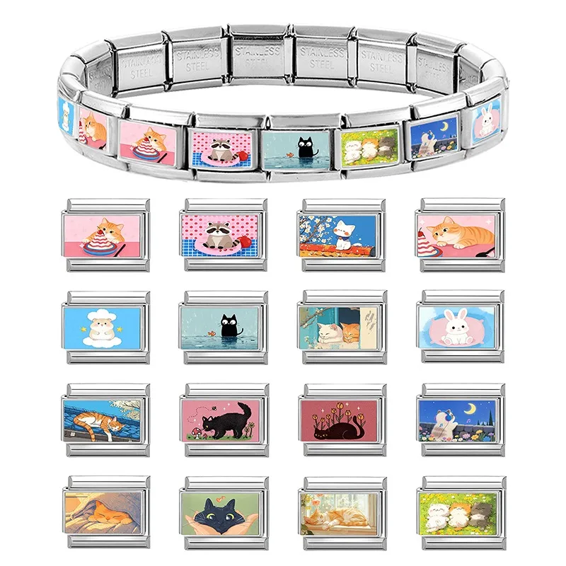 2026 New Women's Gift Cute Cat Looks at the cake Italian Charm Links Beads Fit 9mm Stainless Steel Modular Bracelet Jewelry Gift