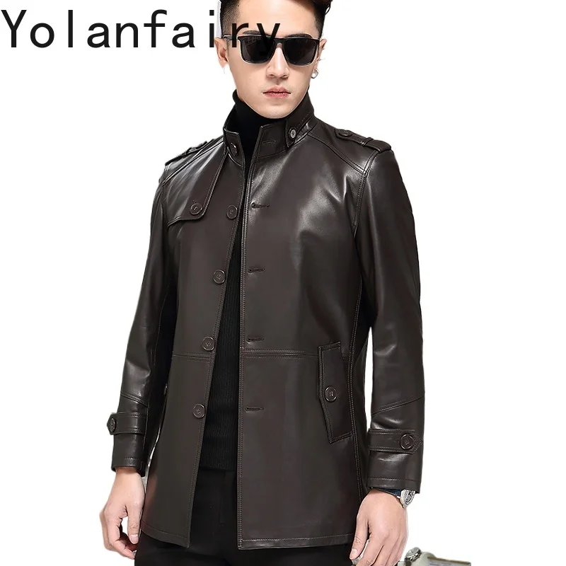 

YOLANFAIRY Высококачественная куртка из натуральной овчины, мужская весенне-осенняя кожаная куртка средней длины с воротником-стойкой Chaquetas