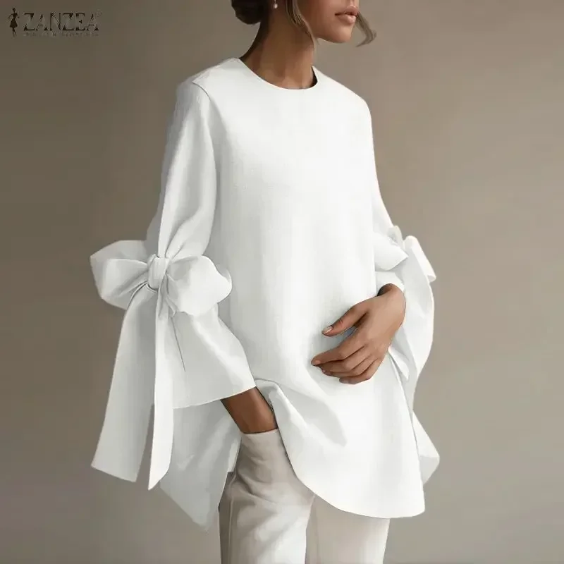 

2026 ZANZEA Fashion Women Bow 3/4 Sleeve Blouse Elegant Office Lady Shirts Spring O-Neck Casual Loose Solid Party Tops Blusas