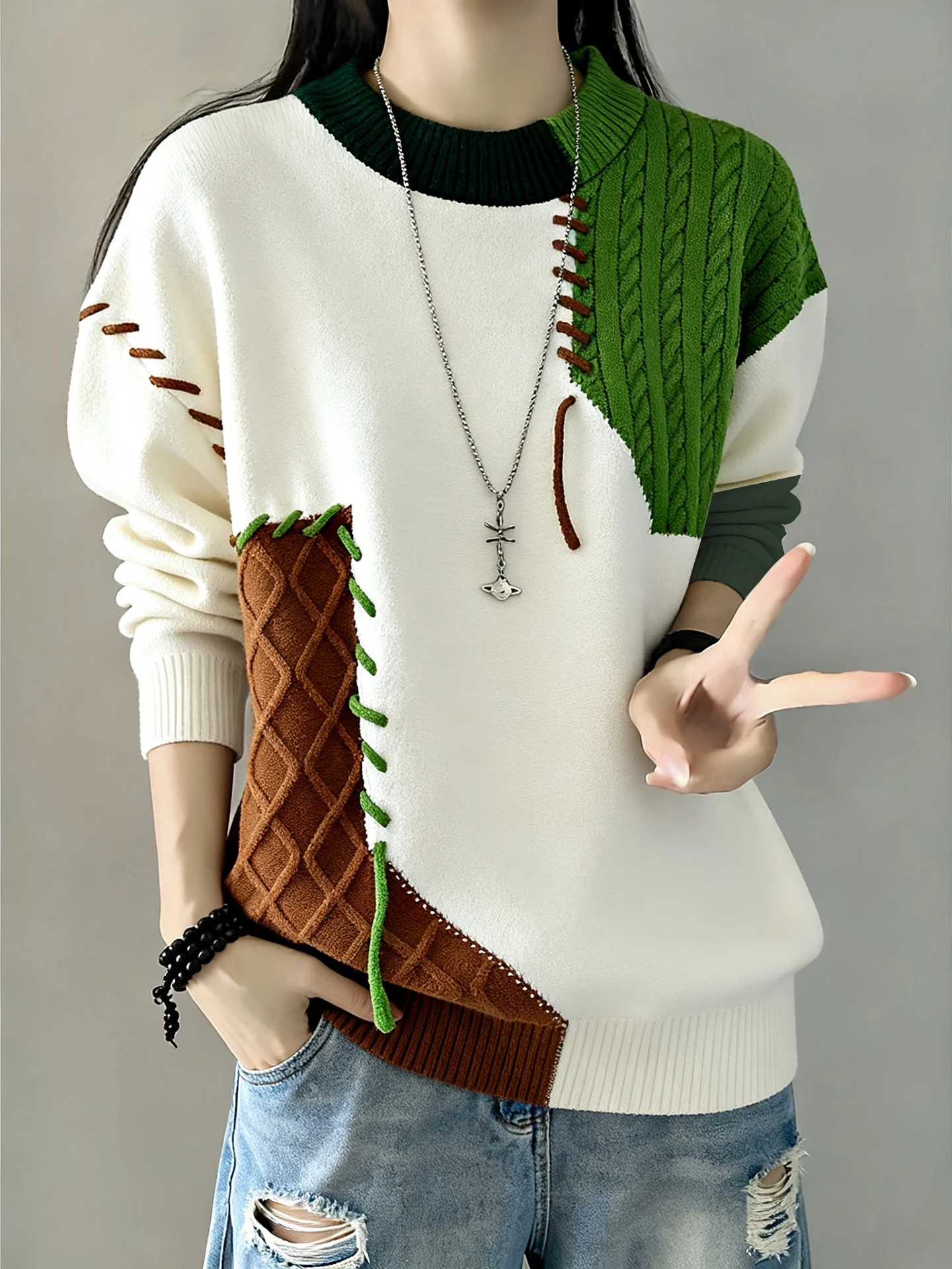 

Американский цветной вязаный свитер унисекс с круглым вырезом и начесом, осенне-зимний базовый слой, повседневный топ, верхняя одежда