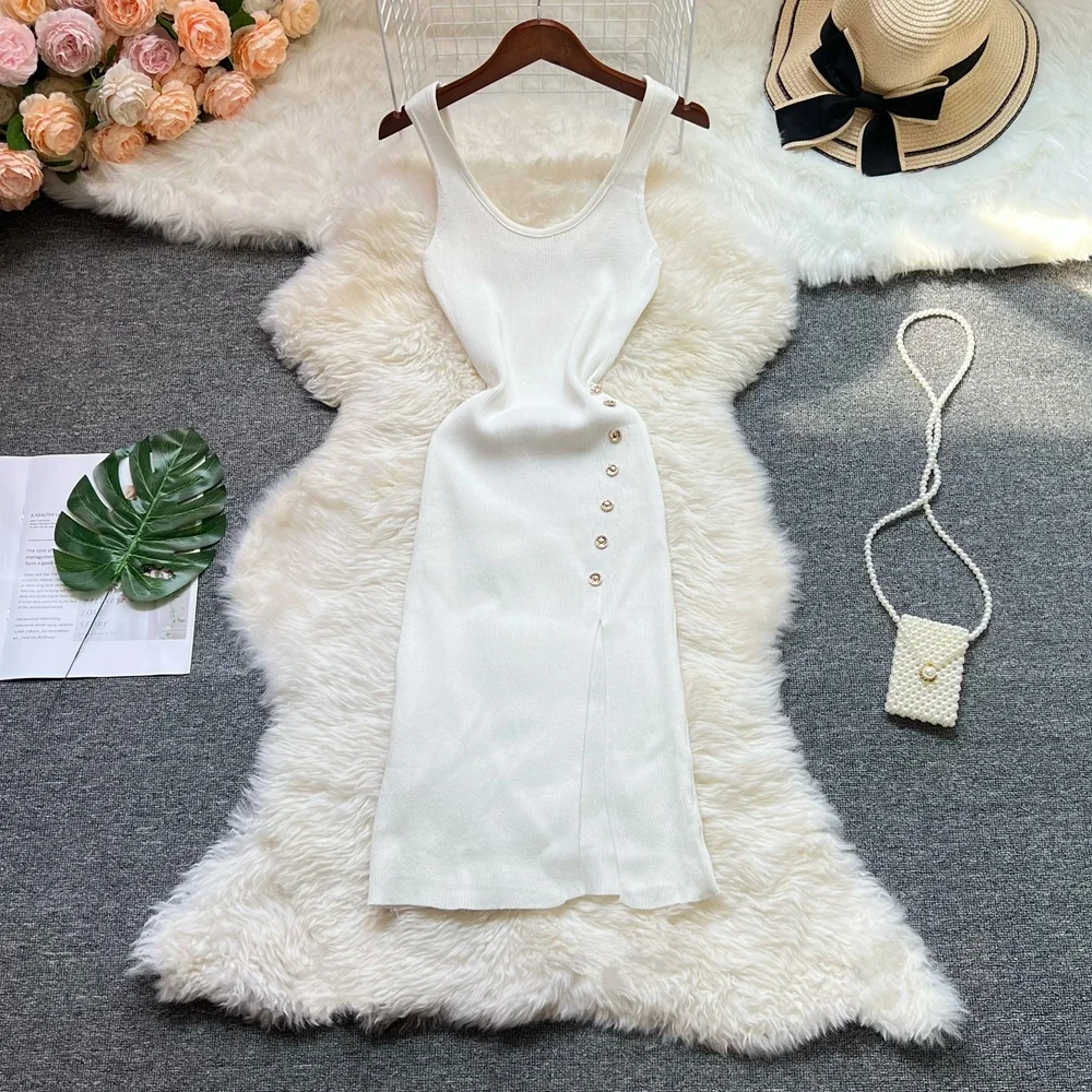 Elegante moda sexy pacchetto fianchi bottoni spaccati abito estivo donna sottile elastico aderente abito dal carro armato streetwear abiti da donna