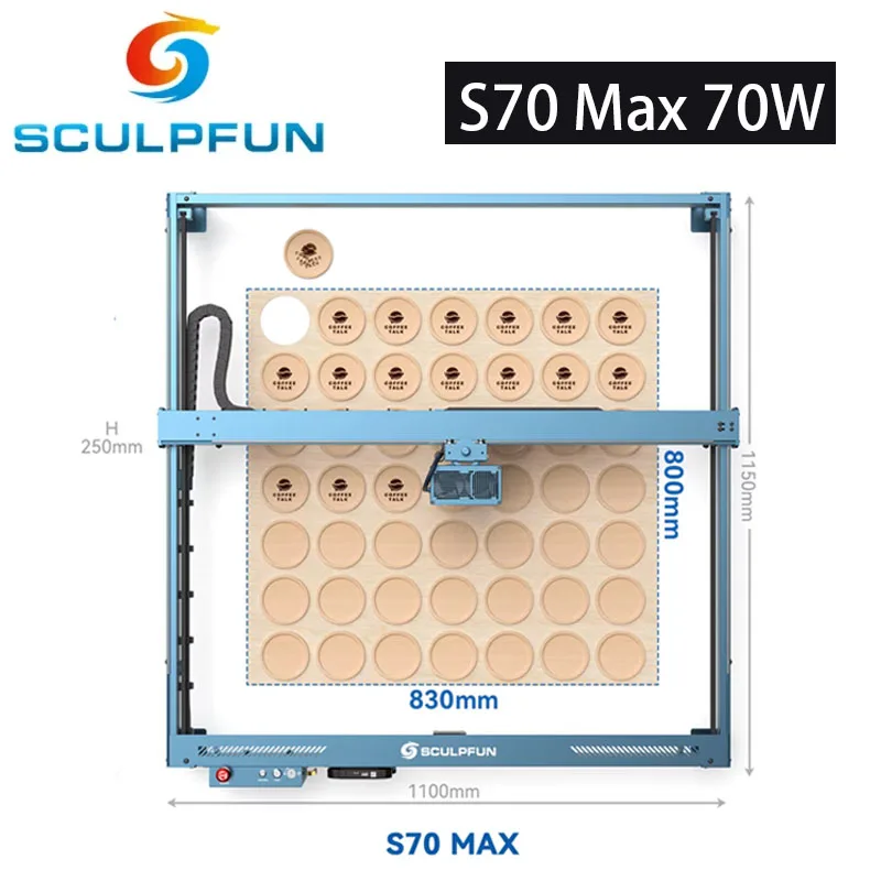 

SCULPFUN S70 Max 70W Laser Engraver Cutting Machine With Air Assist Kit 830*800mm Engraving Area Support Auto-Focus Offline Work