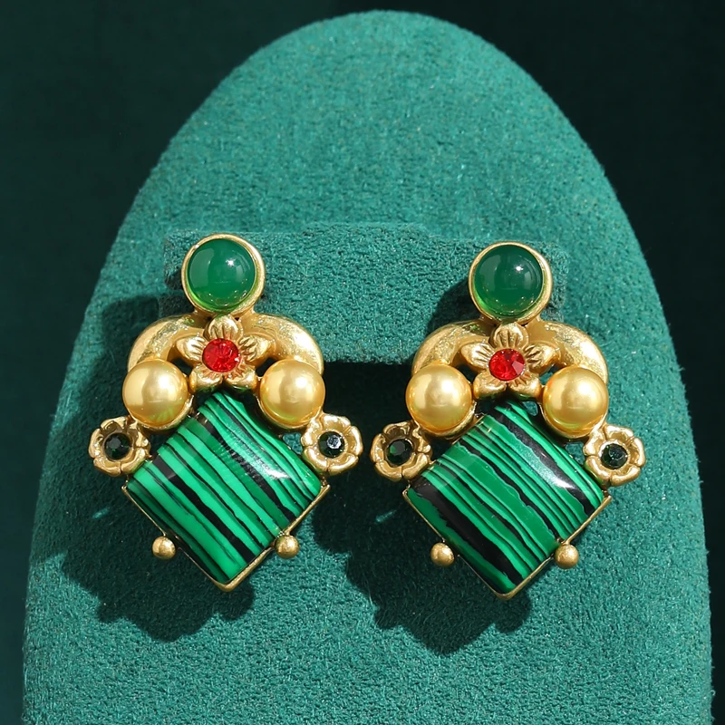 Vintage Malachite Green Earrings For Women Retro Gold Plated Antique Natural Stone Jewelry Designer Luxury High Quality Gift