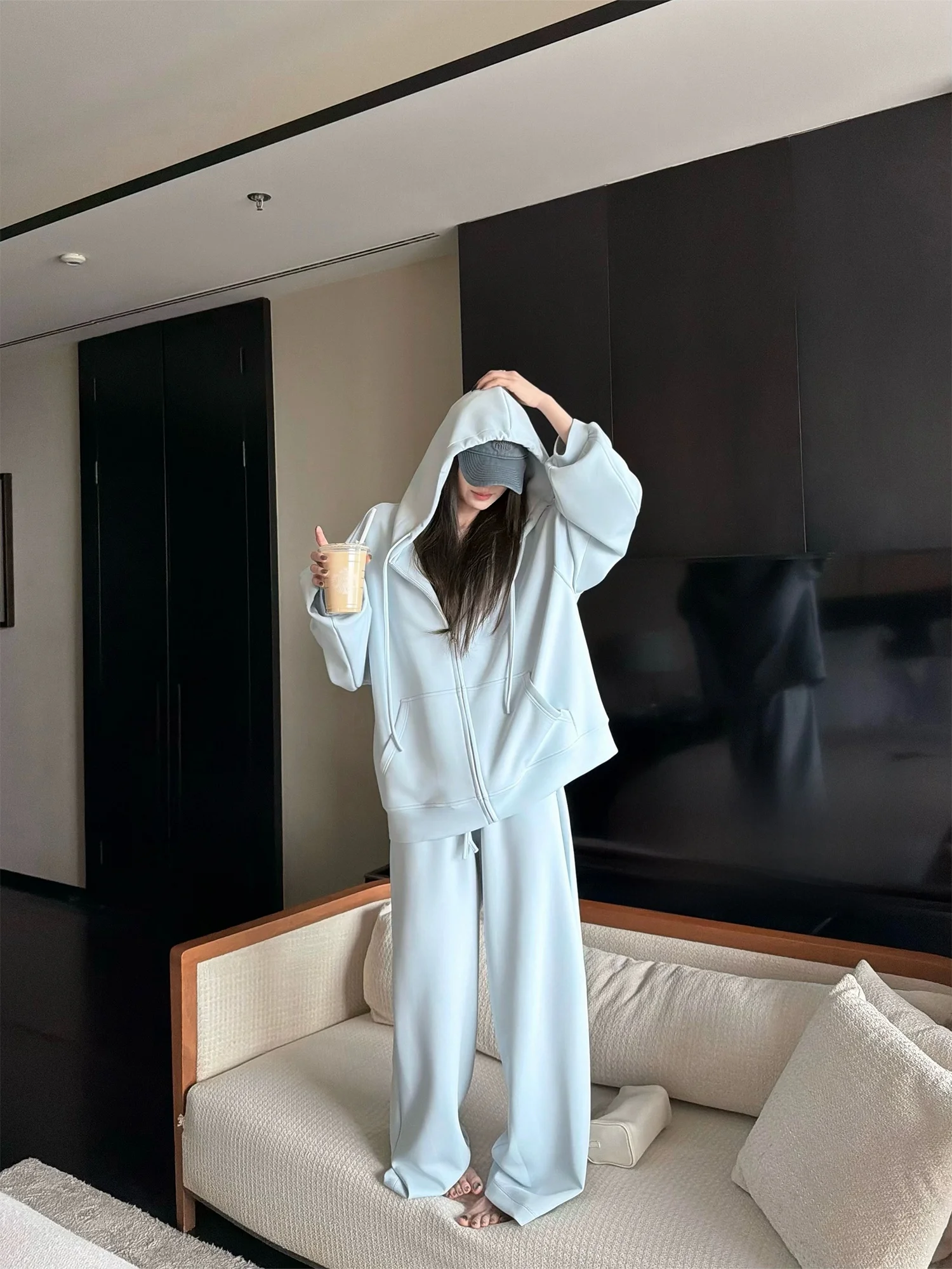 

Cloud Soft Sweatirt Pants Set Women's Spring Faion Loose Fit Silk Air Layer Drapey Comfortable Long Sve Zipper Hoodie