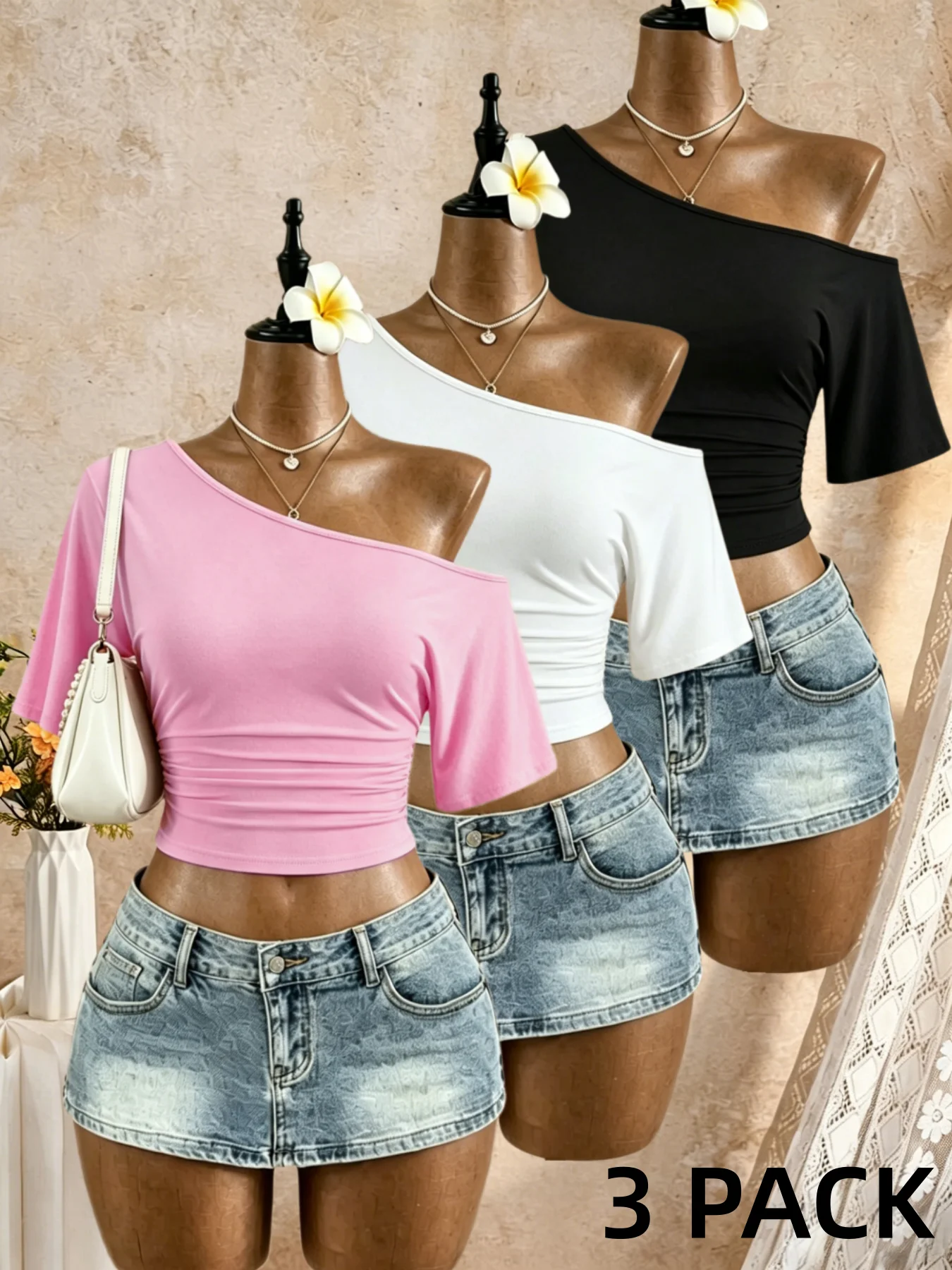 3 Pack Multi-color Women Diagonal Off Shoulder Short Sleeve Side Ruched Slim Fit Cropped T Shirt 2026 Summer Y2K Solid Casual St