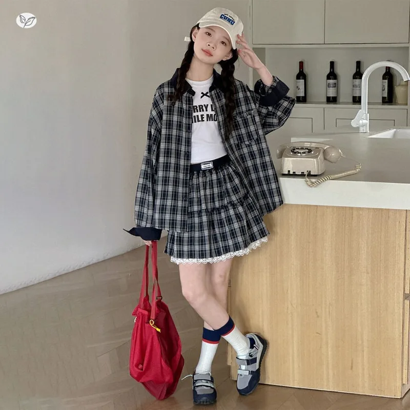 Children's clothing for girls, autumn plaid shirt and jacket set2026New spring, summer, and autumn outfits for girls aged 6-12 y