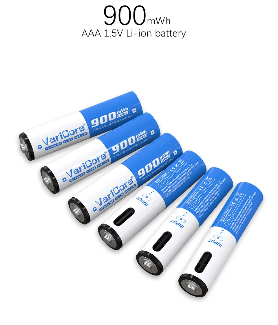 VariCore VC-AAA 리튬 이온 배터리(팁)/USB 유형 C 충전식/내구성/1.5V 전원 공급 장치/전압 배터리/대용량 900mWh
