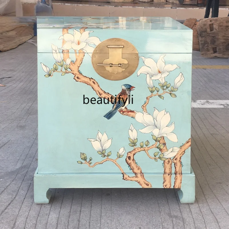 

GY Camphor Wooden Box Bedside Table Sofa Side Table Small Coffee Table Side Table Chinese Pastoral Painted Storage Cabinet