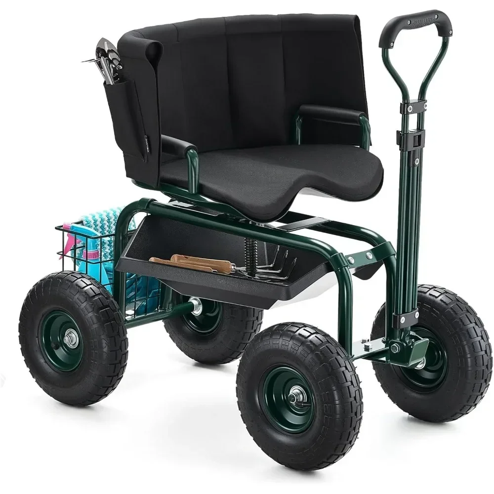 

Adjustable Height Swivel Garden Seat with Wheels, Ergonomic Stool for Gardening with 360° Rotation, Backrest and Storage for Too