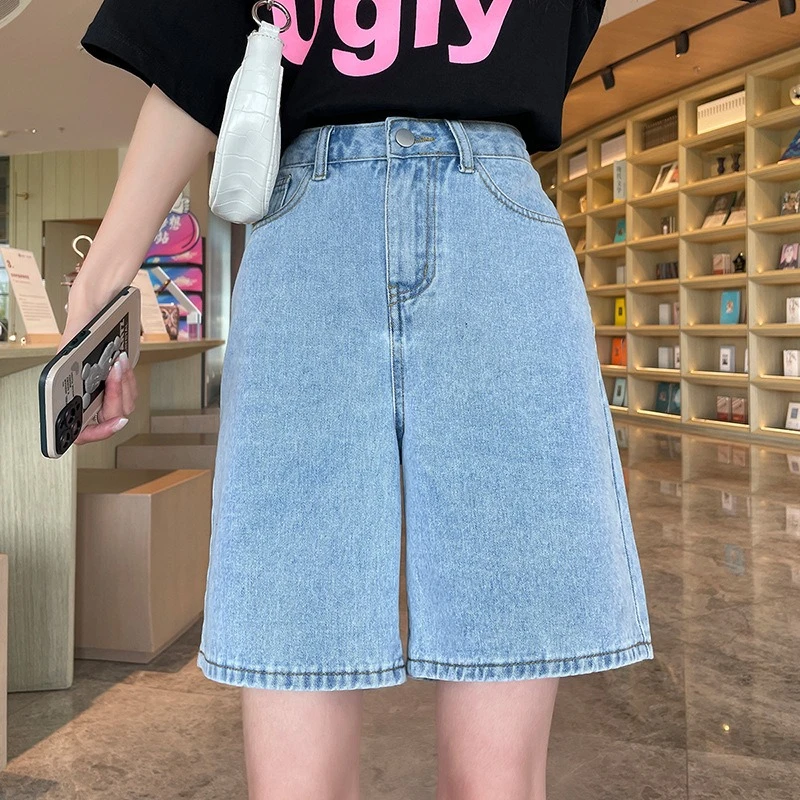 Loose Wide Legs Retro High Waist Thin Straight Short Summer Denim Shorts Women Jeans Cotton Blue Women's Shorts Korean Style