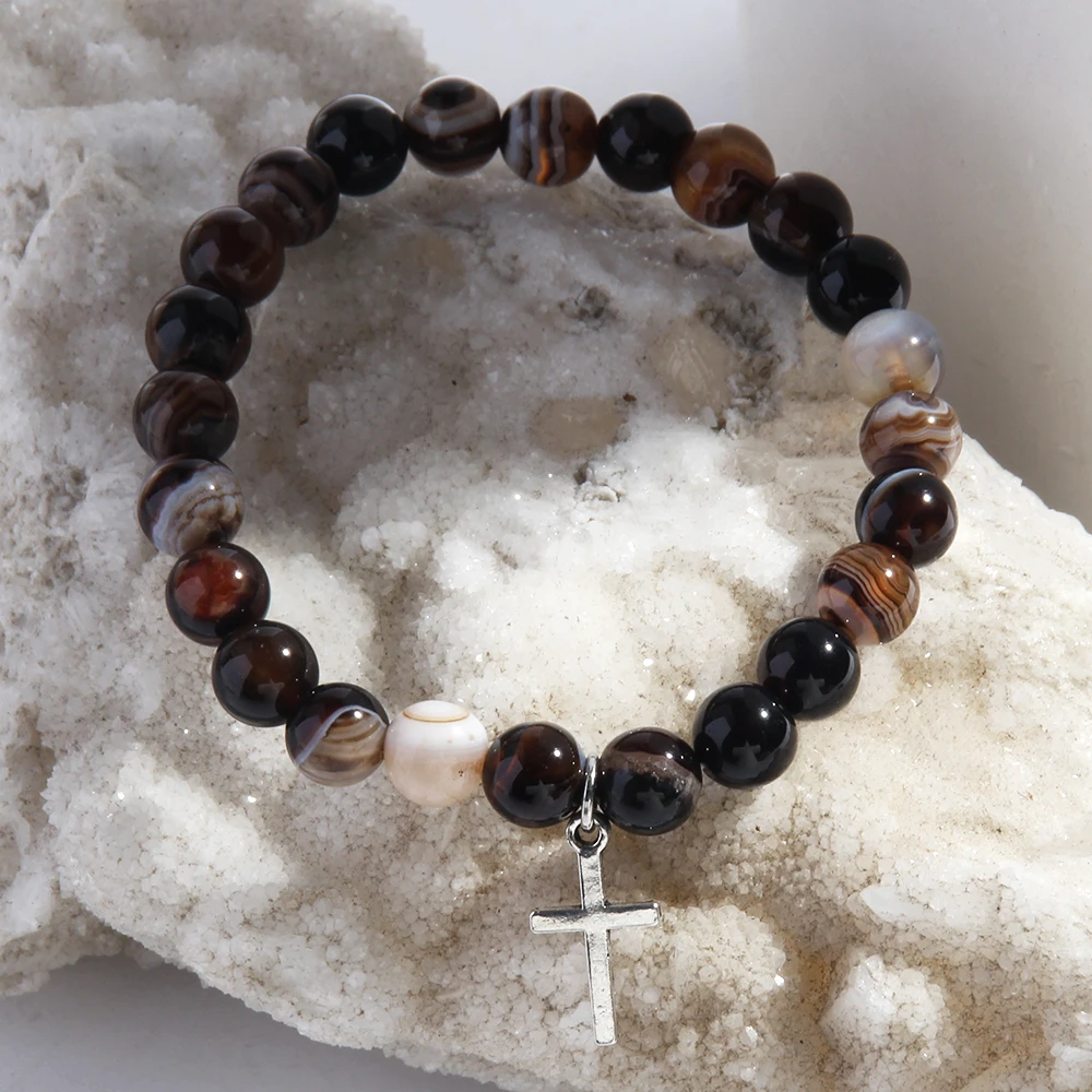 On Your Confirmation New Fashion Minimalist Lord Bracelet 8mm Natural Stone Beaded Bracelet  Cross Pendant Elastic Bracelet