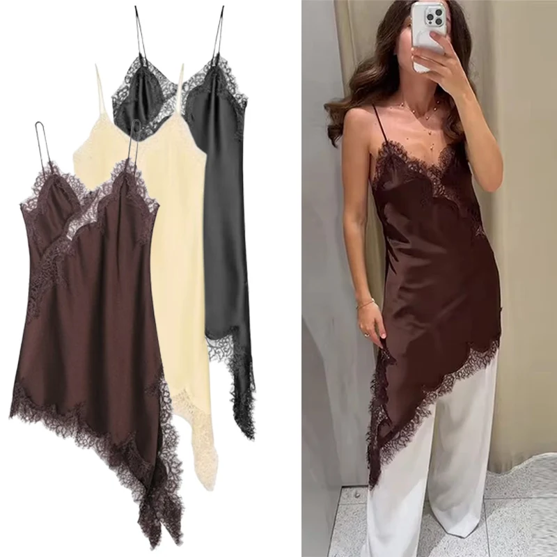 

Satin Sexy Lace Spliced Short Sling Dress Women Sleeveless Backless Asymmetric Sexy Party Dresses 2025 Summer Lady Dress