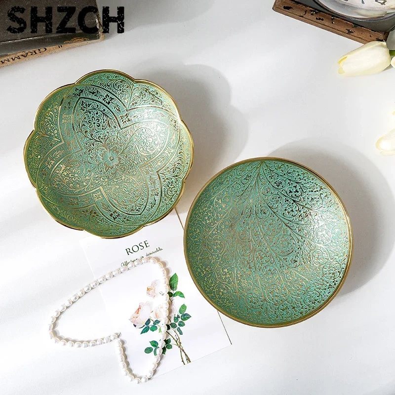 Southeast Asian Imported Brass Engraved Snack Bowl Fruit Plate Sugar Holder Key Jewelry Organizer Decorative Home Piece