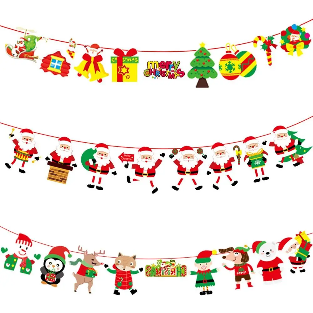 Cartoon Paper Christmas Flag Santa Claus Background Wall Xmas Pull Flag Christmas Theme DIY Hanging Bunting Party Supply