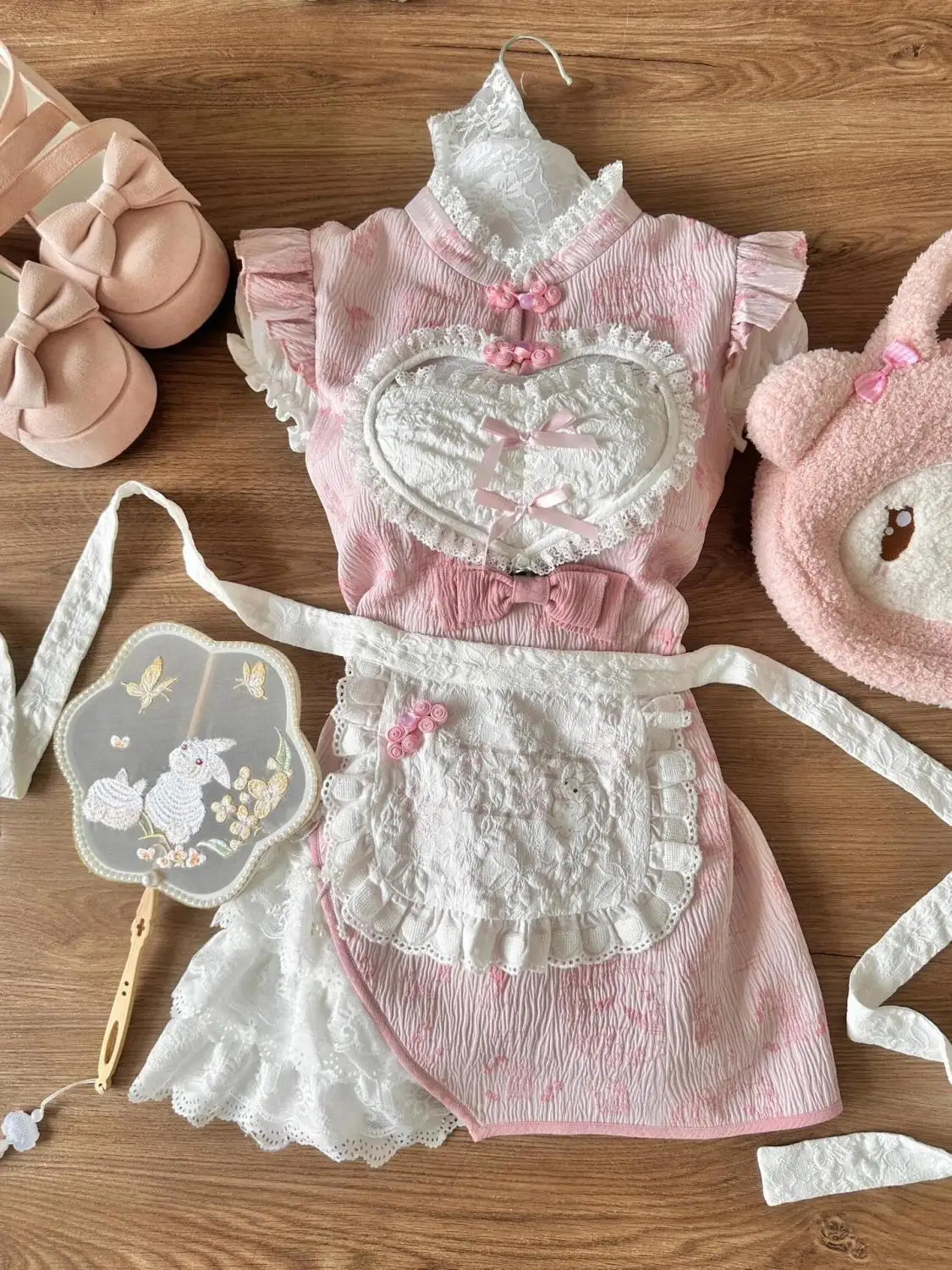 

Chinese Style Flying Sleeves Frog Lace Patchwork Bow Aesthetic Slim Waist Dress + Tie Up Apron 2 Piece Sets Women Y2k Suits