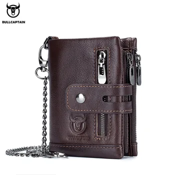 Bullcaptain Genuine Leather Men's Wallet Fashion Quality Travel Purse Rfid Protect Credit Card Holder Wollst for Men with Chain