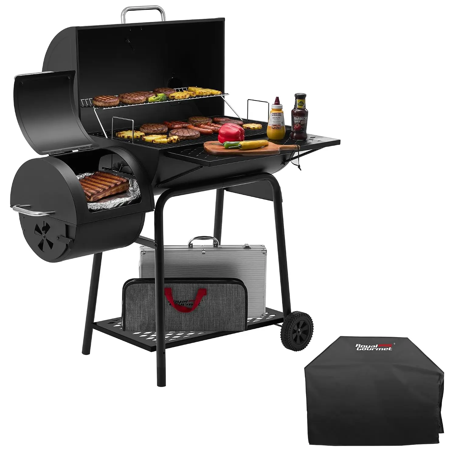 CC1830FC 28-Inch Barrel Charcoal Grill with Offset Smoker, 840 Sq. In. Cooking Area, Front Shelf, Charcoal Grill, Customized