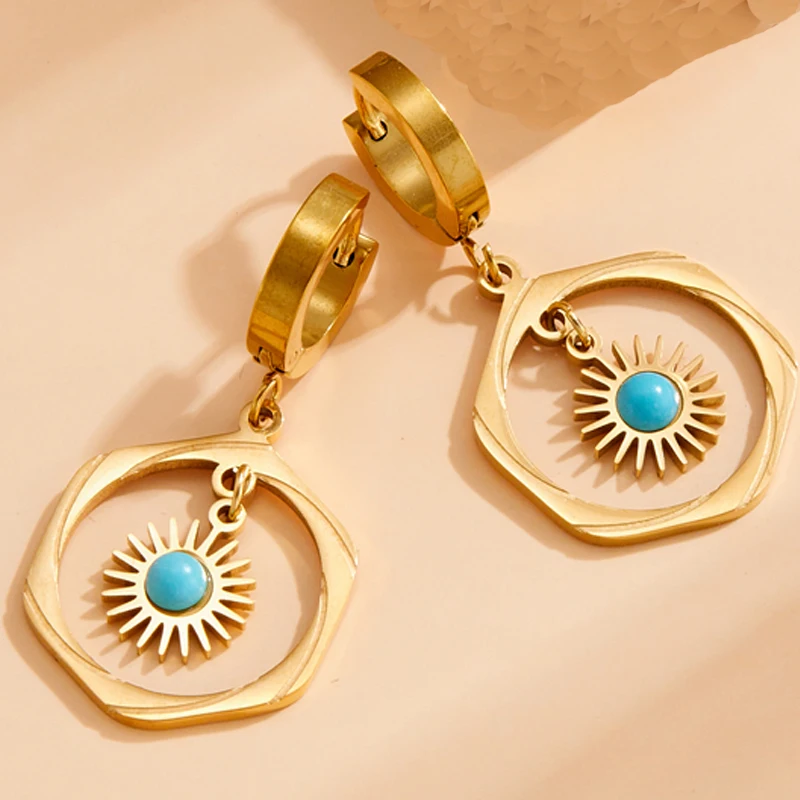 DIEYURO 316L Stainless Steel Vintage Round Pendant Hollowed Out Turquoise Earrings Women Girl Gift Fashion Jewelry Set bijoux