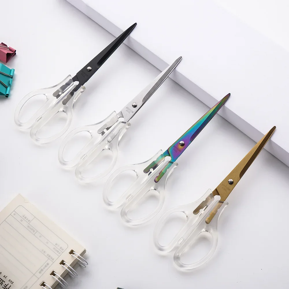 1Pc INS Fresh Simple Transparent Handle Scissors Office Paper Cutter Stainless Steel Stationery Scissors DIY Art Craft Scissors